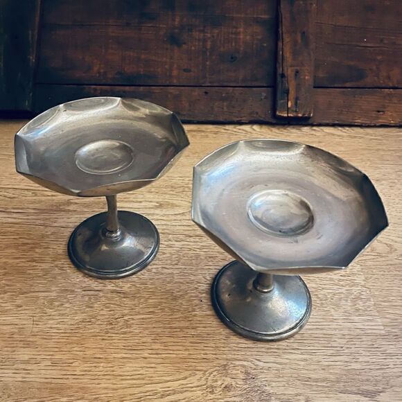 Vintage Pewter Octagon Rim Candle Holders Compote Dish Set of 2 - Picture 2 of 16